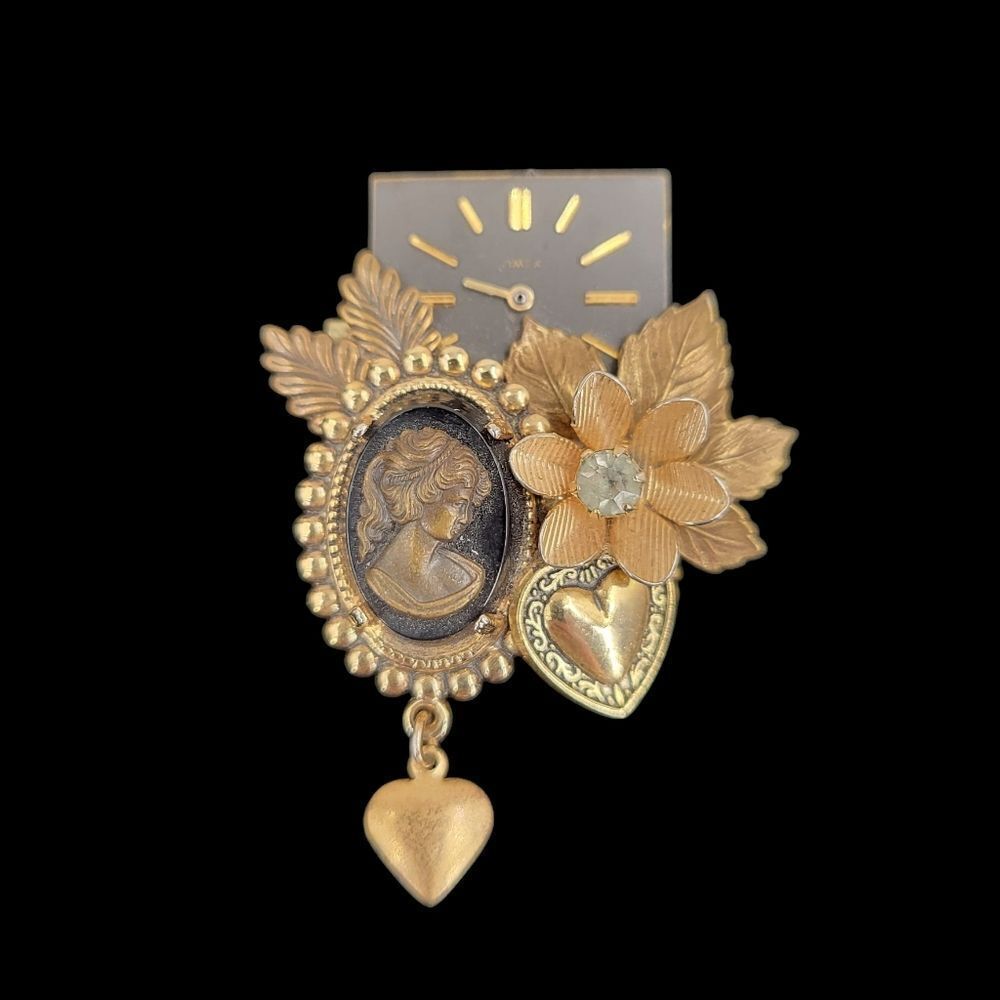 Vintage 90s Timeless Pieces Collage Brooch with Cameo Metal Handcrafted